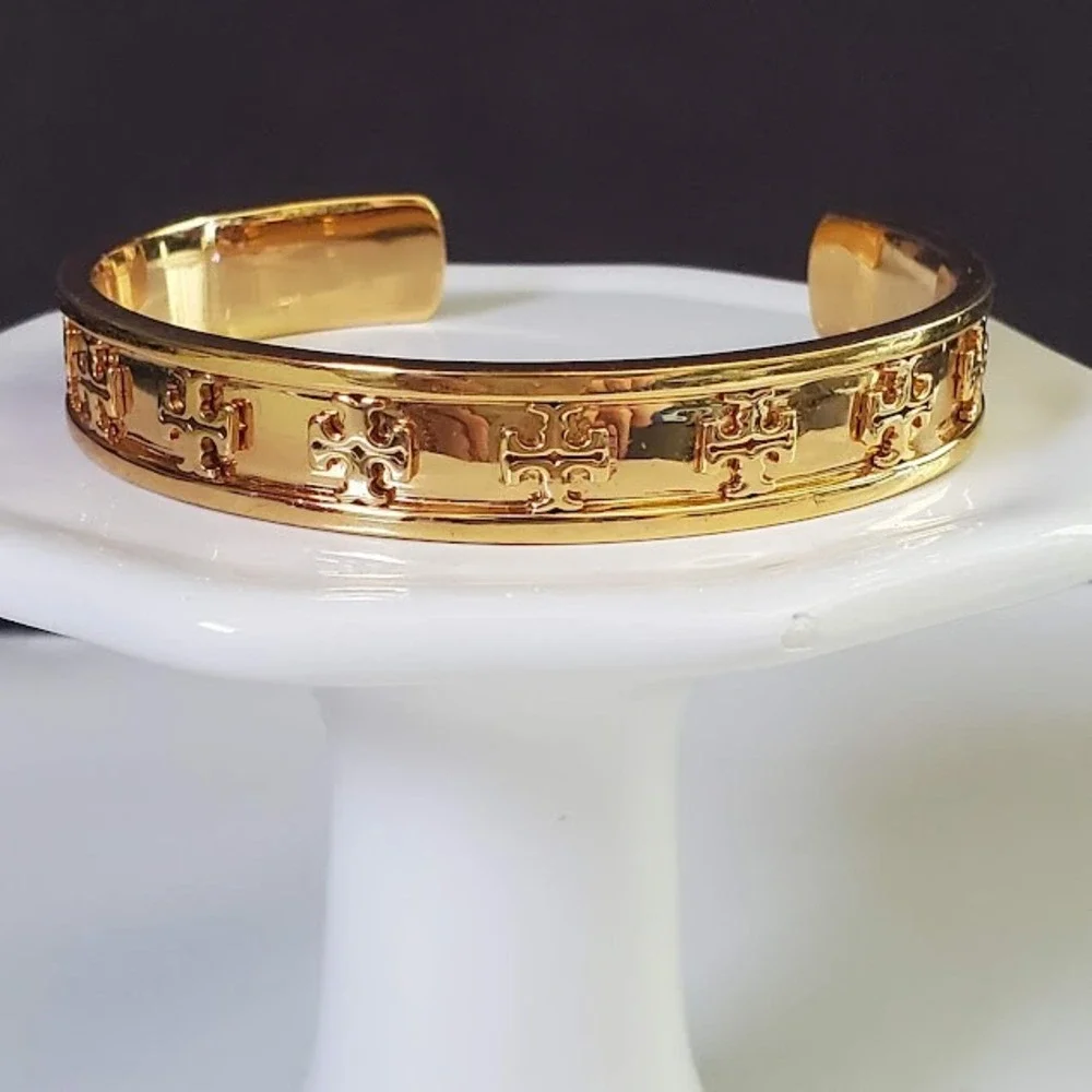 TORY BURCH Raised Logo Cuff Bracelet Gold Tone Double T Designer Classic